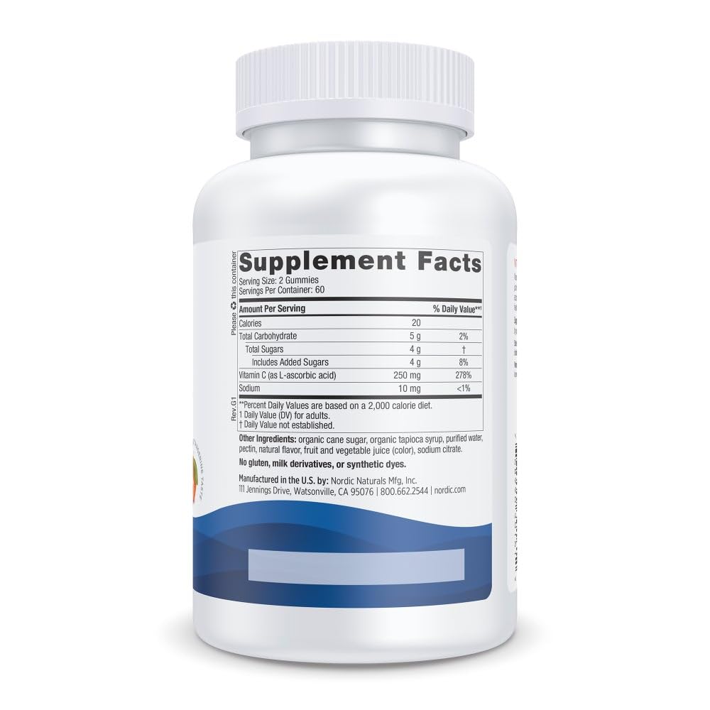 Nordic Naturals Vitamin C Gummies, Tart Tangerine - 120 Gummies - 250 mg Vitamin C - Immune Support, Antioxidant Protection