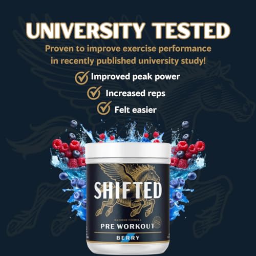 SHIFTED Maximum Pre Workout Powder, Energy & Focus Supplement with Creatine Monohydrate, Beta Alanine, Caffeine, Electrolytes, Pre-Workout Drink Mix, Muscle Pump/Growth Support, Berry, 20 Servings