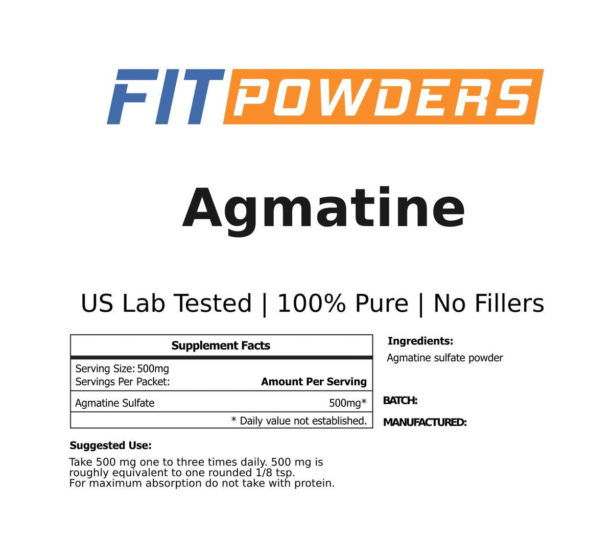 FitPowders Agmatine Sulfate Powder 250 Grams (Multiple Sizes) Strength and Pump (Nitric Oxide) 100% Pure Agmatine Powder, Vegan, Gluten-Free