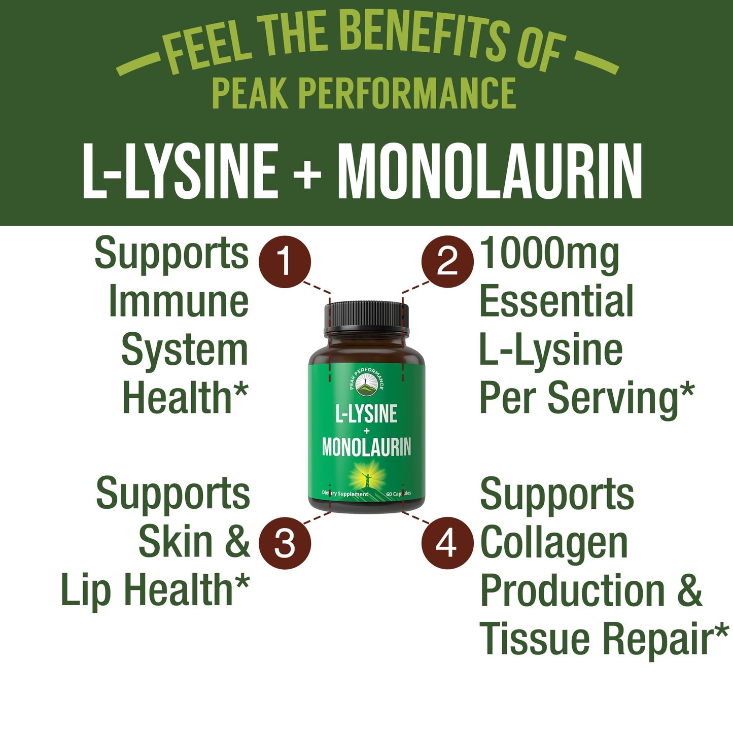 Peak Performance L Lysine 1000mg + Monolaurin 500mg Supplement for Immune Support - High Potency L-Lysine for Lips, Skin, & Health - 2-in-1 Bioavailable Supplements for Men and Women - 60 Capsules Peak PerformanceBuy Supplements Australia