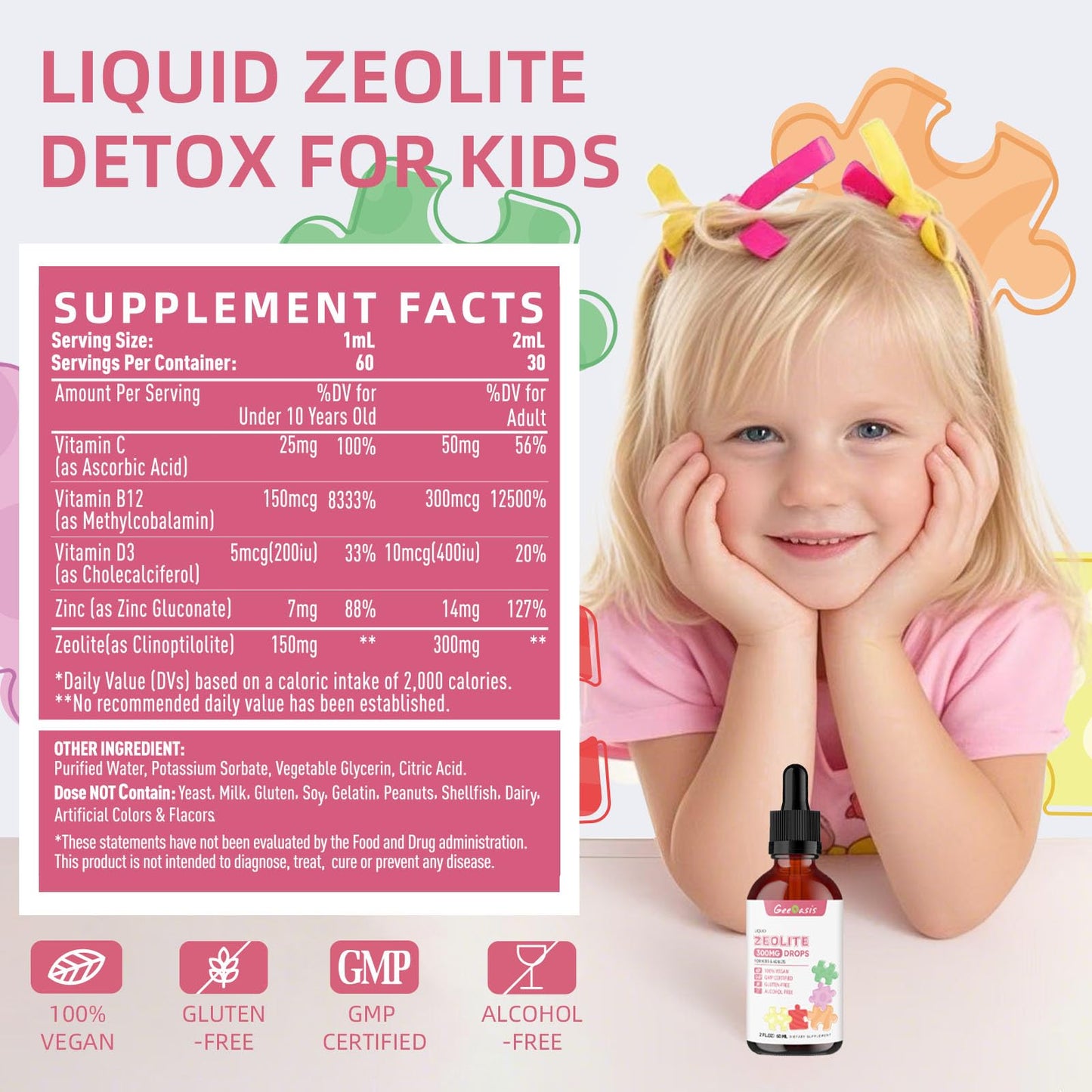 Geeoasis Zeolite Detox for Kids & Adults, 300 mg Zeolite Clinoptilolite Liquid with Vitamin B12 & D3, Vitamin C & Zinc Gluconate, Immune Support & Gut Health, Natural Strawberry Flavor, 2 Fl Oz GeeoasisBuy Supplements Australia