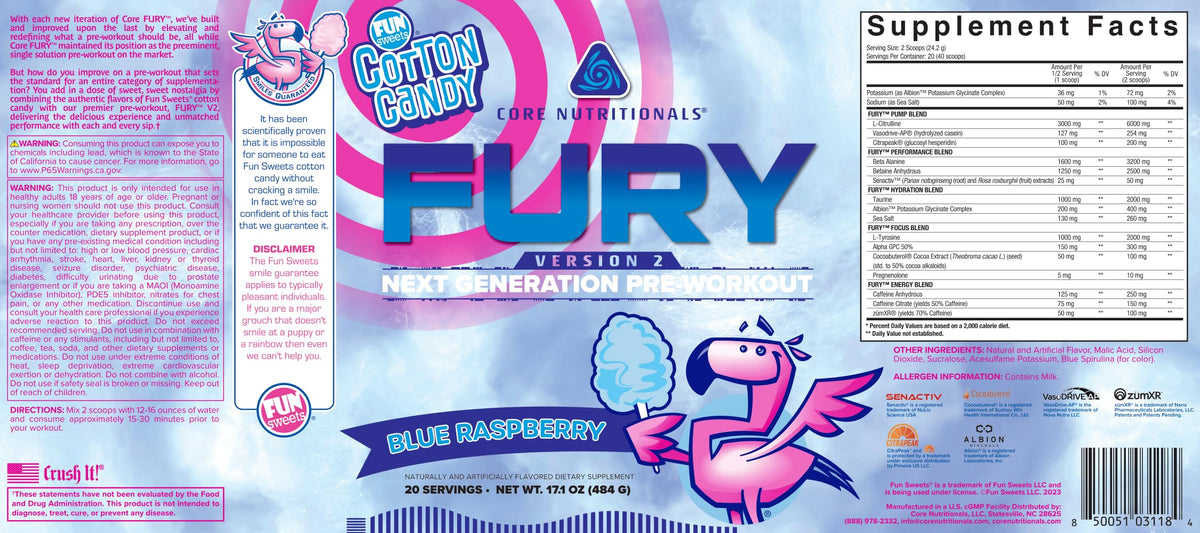 Core Nutritionals Fury V2: Pre-Workout Powder to Maximize Performance in The Gym W/Zum-XR® Caffeine, L-CItruline, and Alpha GPC (40 Scoops) (Fun Sweets™ Blue Raspberry)