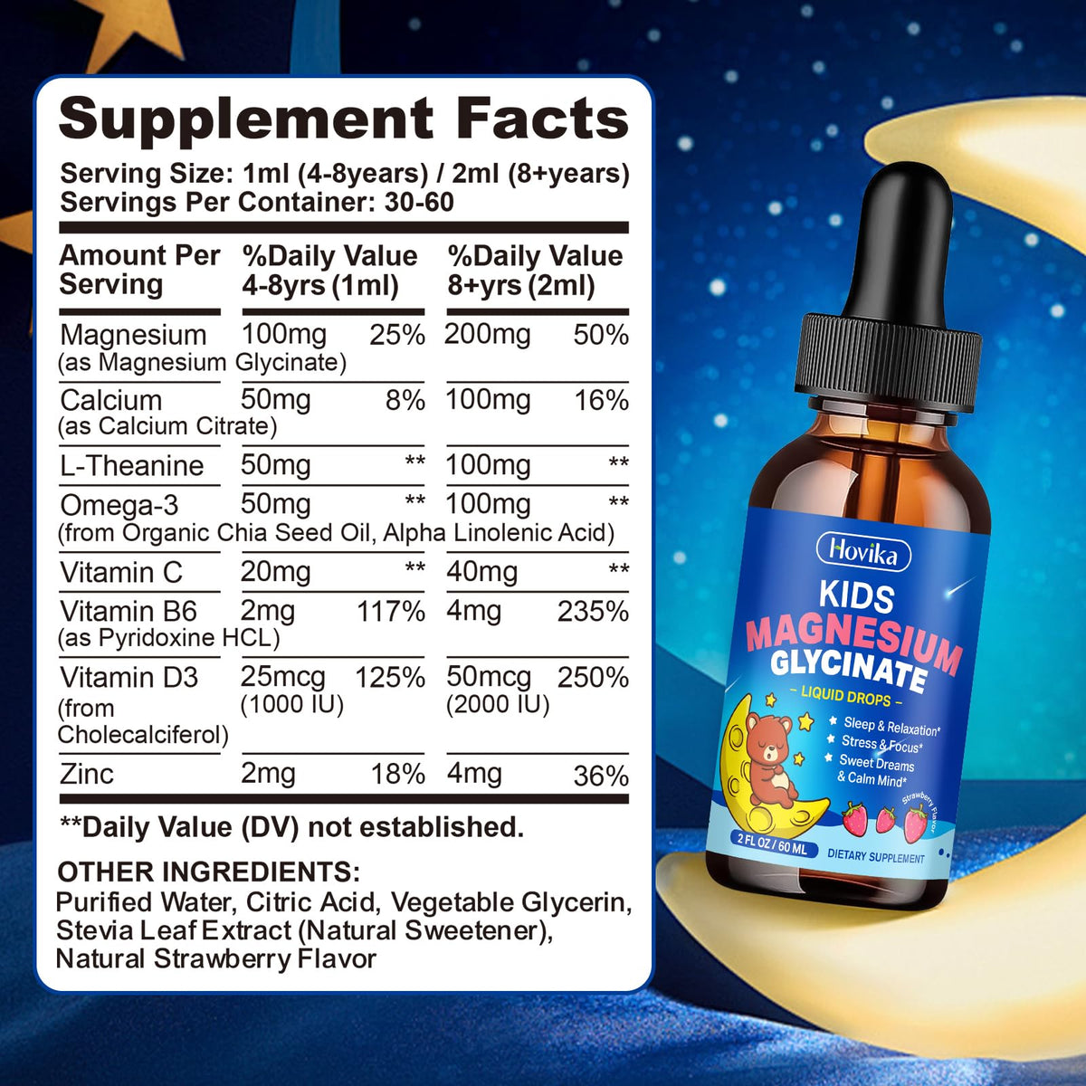 Magnesium Glycinate Liquid for Kids - with L-Theanine Omega-3, Vitamin B6, D3, Zinc - Kids Magnesium Drops for Sleep, Relaxation