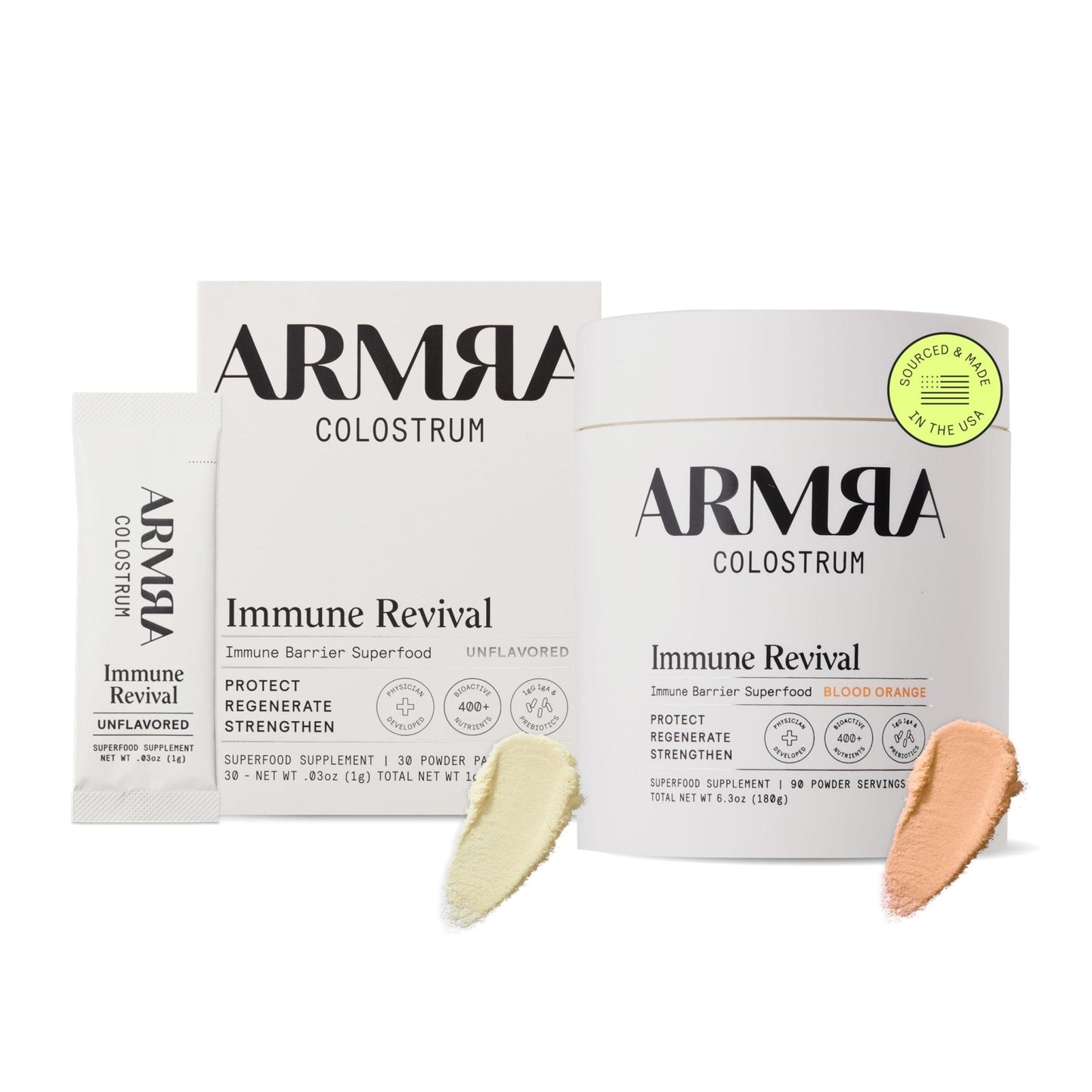 ARMRA Colostrum™ Premium Powder, Grass Fed, Gut Health Bloating Immunity Skin & Hair, Contains 400+ Bioactive Nutrients, Potent Bioavailable, Keto, Gluten & Fat Free (Unflavored 30|Blood Orange 90) - Maple Wellness Supplements