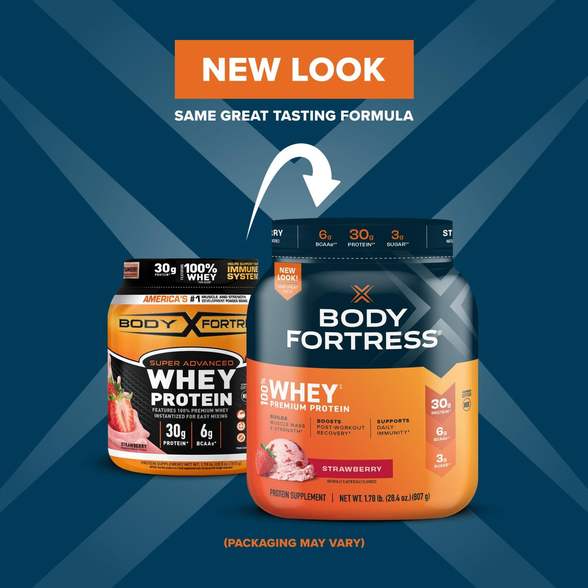 Body Fortress 100% Whey, Premium Protein Powder, Strawberry, 1.78lbs Packaging May - Maple Wellness Supplements
