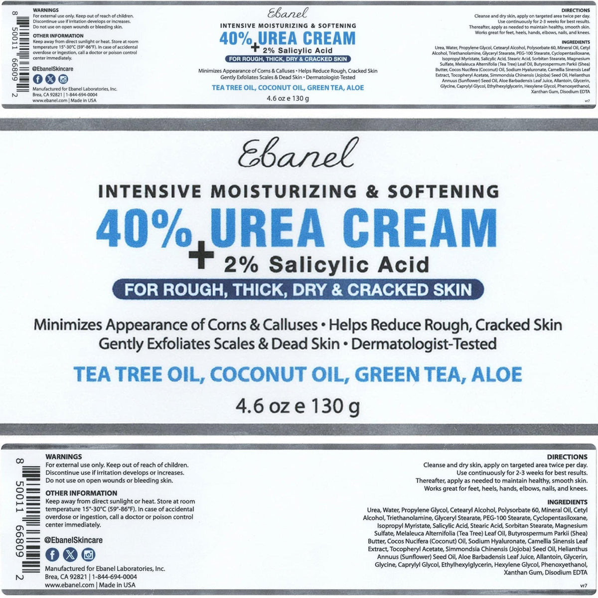 Ebanel Urea Cream 40% plus Salicylic Acid 2%, Foot Cream for Dry Cracked Heels Feet Knees Elbows Hands, Foot Dead Skin Cuticle Callus Remover Toenail Softener, Keratolytic Skin Barrier Repair, 2-Pack - Maple Wellness Supplements
