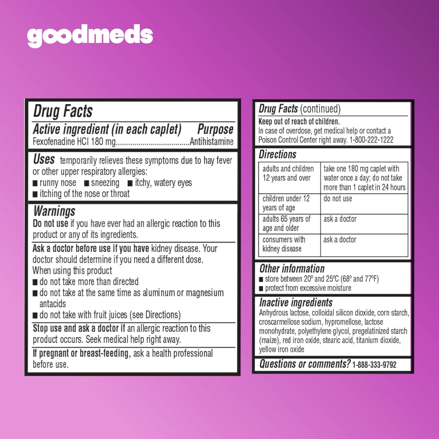GoodMeds Compare to Allegra | Fexofenadine HCl 180mg | 24-Hour Allergy Relief, Non-Drowsy Antihistamine Generic Medicine for Allergies, Hay Fever, Itchy Eyes | for Kids & Adults (120 Count) - Maple Wellness Supplements