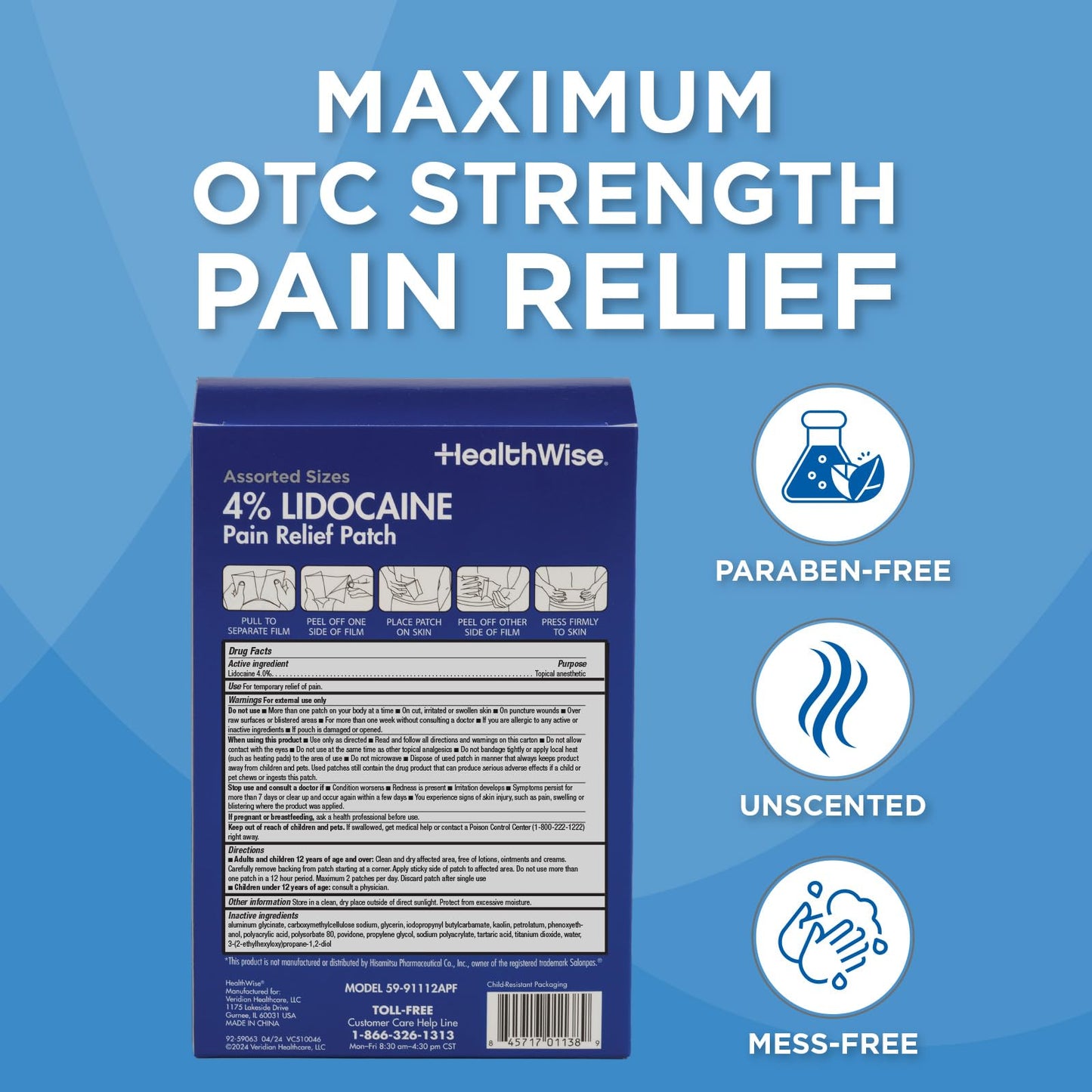 HealthWise Lidocaine Pain Patch | 4% OTC Lidocaine | 12-Count Assorted Sizes | Paraben-Free Formula | Temporarily Soothes Minor Aches and Pains | Unscented | Flexible Application - Maple Wellness Supplements