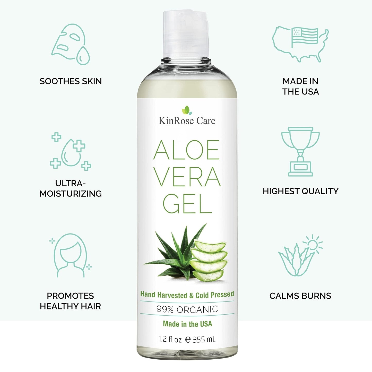 KinRose Care, 12oz Organic Aloe Vera Gel for Face, Skin, Hair & Sunburn Relief - From 100 Percent Pure Aloe Vera - Maple Wellness Supplements