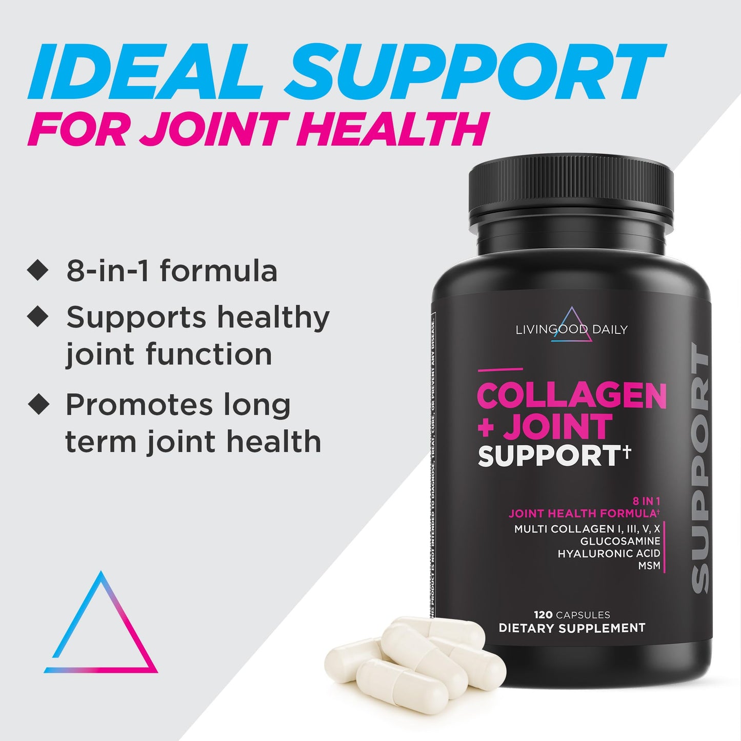 Livingood Daily Collagen + Joint Support, Grass Fed Multi Collagen Peptides I III V X with Hyaluronic Acid, Joint Support Supplement for Women & Men, Hair Skin Nails, Keto & Gluten Free, 120 Capsules - Maple Wellness Supplements