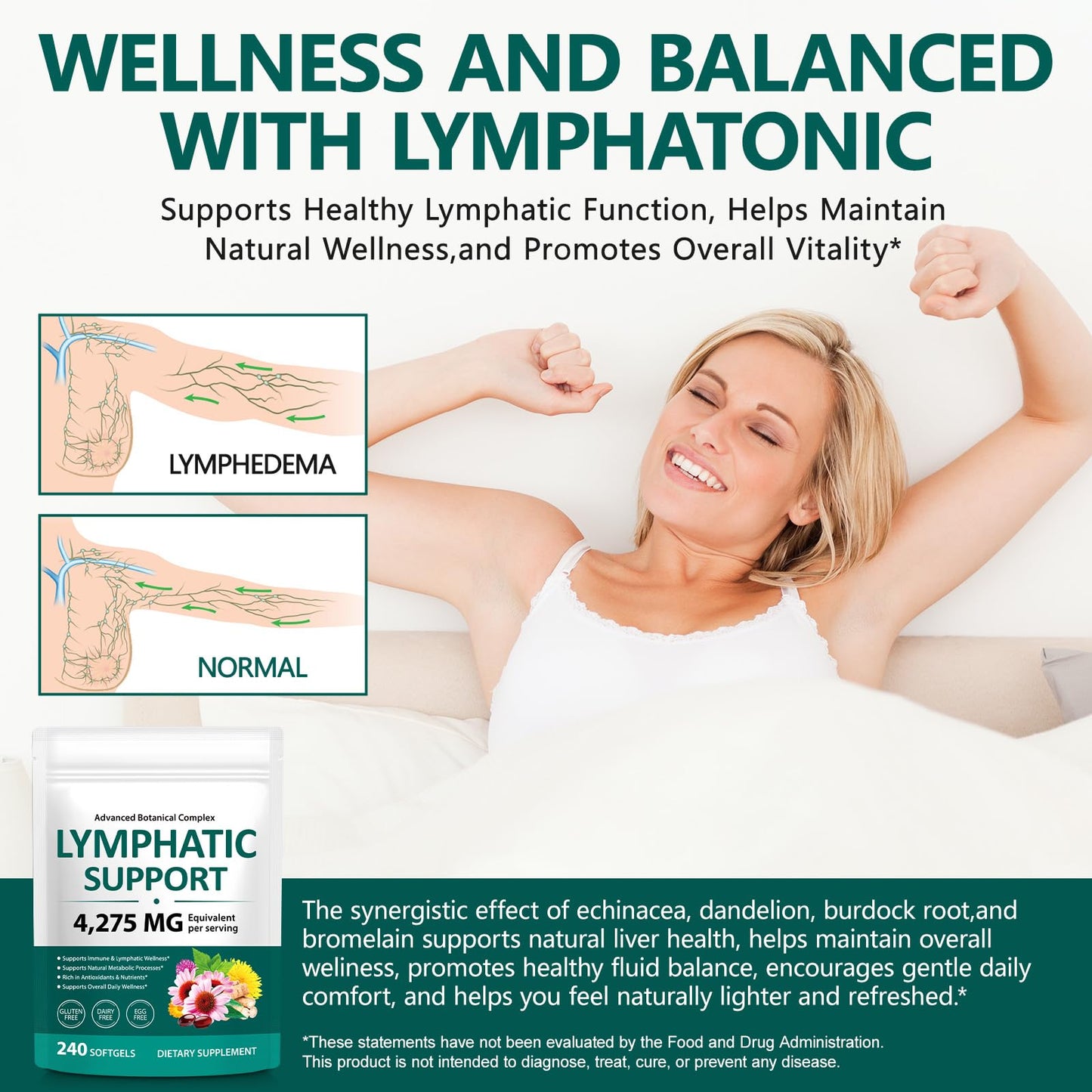 Lymphatic Drainage Supplements, Herbal Blend for Immune and Fluid Health for Men Women,with Dandelion, Burdock Root, Echinacea, Turmeric,240 Softgels for Lymph System Balance (Pack of 1) - Maple Wellness Supplements