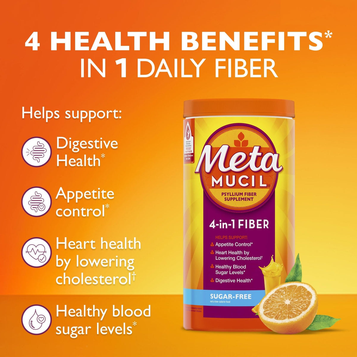 Metamucil 4-in-1 Psyllium Husk Friendly Fiber Supplement, Sugar-Free, 180 teaspoons, Orange Flavored, Daily Fiber Powder for Digestive Health - Maple Wellness Supplements