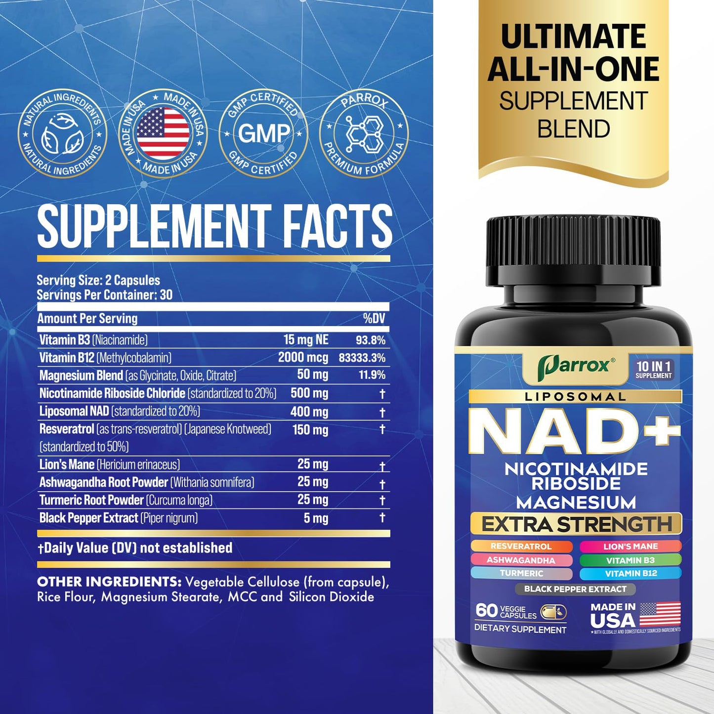 Parrox NAD+ Supplement with Liposomal NAD+, Nicotinamide Riboside, Magnesium, Vitamin B3 & B12, Resveratrol, Turmeric, Ashwagandha, Lion’s Mane,10-in-1 Extra Strength - Maple Wellness Supplements