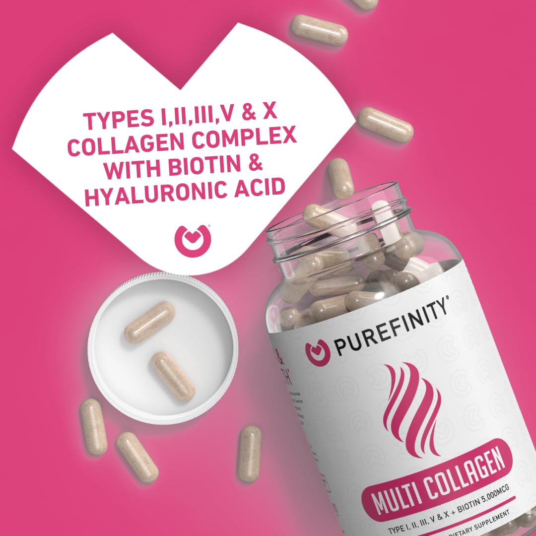 PUREFINITY Collagen Peptides for Women – Type I, II, III, V & X with Biotin & Hyaluronic Acid, Supports Healthy Skin, Bones, Hair & Nails – Non-GMO, Grass-Fed (90 Capsules, 1 Month Supply) - Maple Wellness Supplements