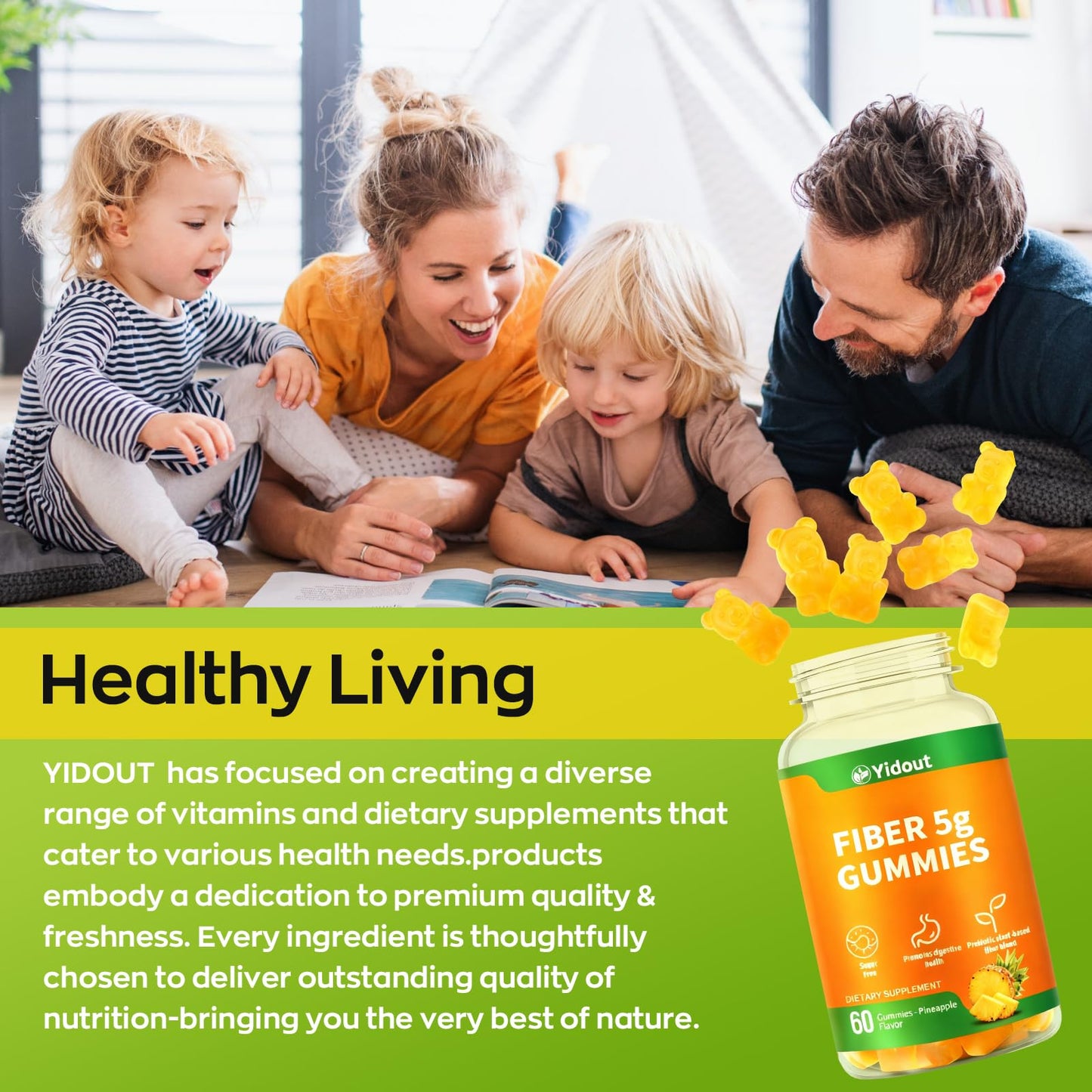 Yidout Fiber Gummies for Adults with Probiotics,No Sugar Added Pineapple Flavor, Promotes Gut Health and Regulate Bowel Movement, Vegan (60 Count(Pack of 1)) - Maple Wellness Supplements
