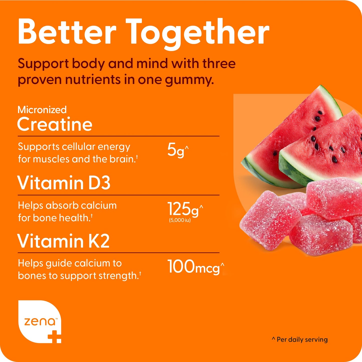 Zena Nutrition Creatine Gummies with D3 & K2, Creatine Monohydrate for Men and Women, Supports Bone, Muscle, & Cognitive Health, Gummy Workout Supplement, Watermelon Flavor, 150ct, 30 Daily Servings - Maple Wellness Supplements