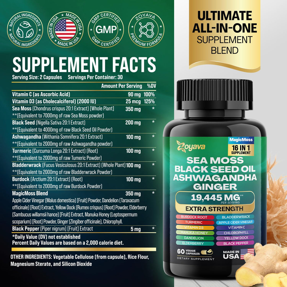 Zoyava Sea Moss 16-in-1 Blend 19,445 MG (60 Caps) and Colostrum 8-in-1 5,250 MG - Maple Wellness Supplements