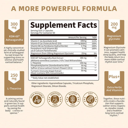10-IN-1 Cortisol Supplements w/ KSM-66® Ashwagandha 300mg + L-Theanine 250mg, Magnesium Glycinate, Saffron, Phosphatidylserine, Turmeric & Vitamin C D3 B6 B5, For Women Men, 120 Capsules 60-Day Supply - Maple Wellness Supplements