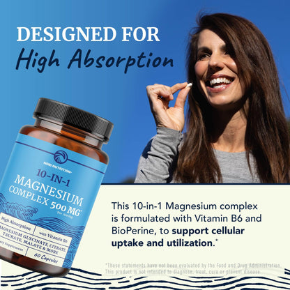 10 in 1 Magnesium Complex Supplement 500MG | Magnesium Citrate, Mag Glycinate, Malate & More | High Absorption Mag Complex with Vitamin B6 | Bone, Muscle & Heart Health Support | Non-GMO | 60 Ct. - Maple Wellness Supplements