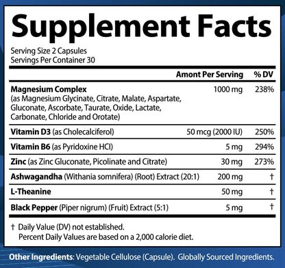 1000mg Magnesium Complex for Women and Men, 12 in 1 Magnesium Supplement with Ashwagandha, Zinc, D3, L-theanine. Easy to Swallow, High Absorption, Sleep Support & Stress Relief (60 Capsules) - Maple Wellness Supplements