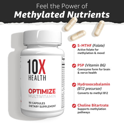 10X Health Optimize Methylated Multivitamin for Men - 90 Capsules, 34 in 1 Formula with 800 mcg of Vitamin B12, 5-MTHF, NAC - Maple Wellness Supplements