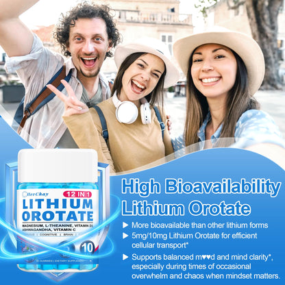 12-in-1 Lithium Orotate 5mg 10mg with Ashwagandha & L-Theanine, Lithium Orotate for Mood, Calm, Cognitive & Brain, High Bioavailability Trace Mineral, Lemon Balm - Maple Wellness Supplements