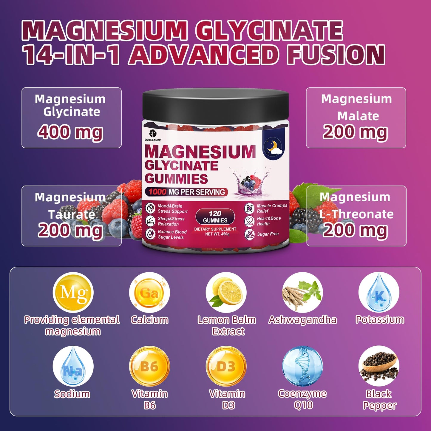 120 CT Magnesium Glycinate Gummies 1000 mg for Women and Men, Magnesium Malate & Taurate Supplements for Sleep, Body Support and Relaxation, Sugar Free - Maple Wellness Supplements
