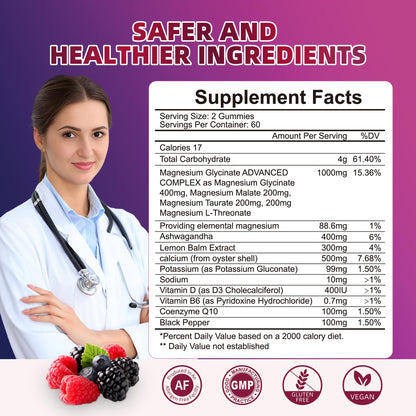 120 CT Magnesium Glycinate Gummies 1000 mg for Women and Men, Magnesium Malate & Taurate Supplements for Sleep, Body Support and Relaxation, Sugar Free - Maple Wellness Supplements