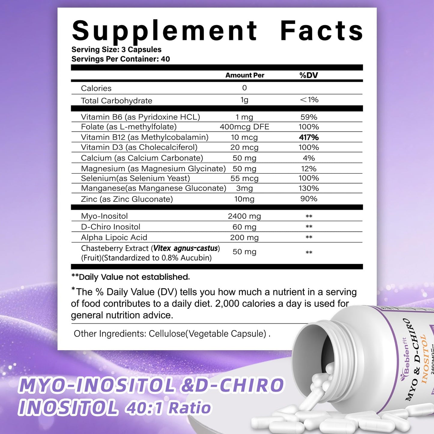 13-in-1 Myo Inositol & D-Chiro Inositol for Women PCOS,Hormonal Balance,2460mg-40:1 Ratio,Ovarian Health&Cycle Support Supplement Plus Alpha Lipoic Acid/Folate/Vitex/Magnesium/Multivitamin,120 Veg Cap - Maple Wellness Supplements