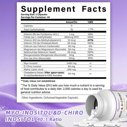 13-in-1 Myo Inositol & D-Chiro Inositol for Women PCOS,Hormonal Balance,2460mg-40:1 Ratio,Ovarian Health&Cycle Support Supplement Plus Alpha Lipoic Acid/Folate/Vitex/Magnesium/Multivitamin,120 Veg Cap - Maple Wellness Supplements