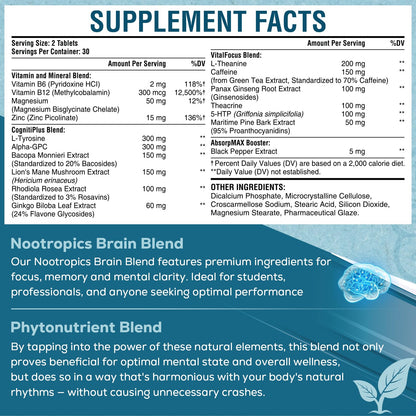 17-in-1 Brain Supplement for Memory and Focus | Natural Nootropics Brain Supplement for Brain Cognition, Energy | High Absorption | L-Theanine, Phytonutrient Blend and Vitamins B6, B12 | 60 Tablets - Maple Wellness Supplements