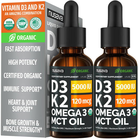 (2 Pack) Organic Vitamin D3 K2 Drops with MCT Oil Omega 3, 5000 IU — Liquid D3, No Fillers, Non-GMO, Immune Support (Unflavored, 2 Fl Oz) - Maple Wellness Supplements
