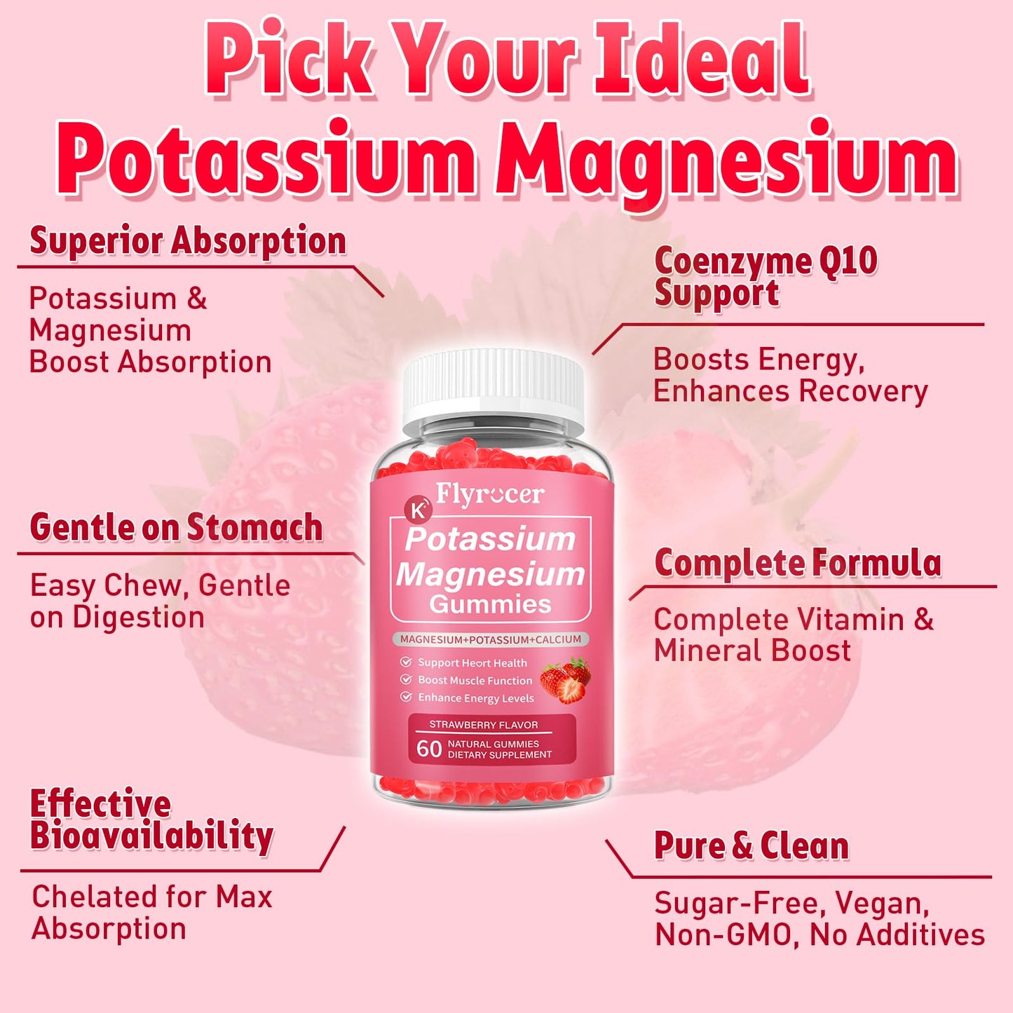 2 Pack Potassium Magnesium Gummies for Men & Women, Potassium Magnesium Supplement for Leg Cramps, Muscle Health, & Electrolyte Balance, Strawberry Flavor, 120 Gummies - Maple Wellness Supplements
