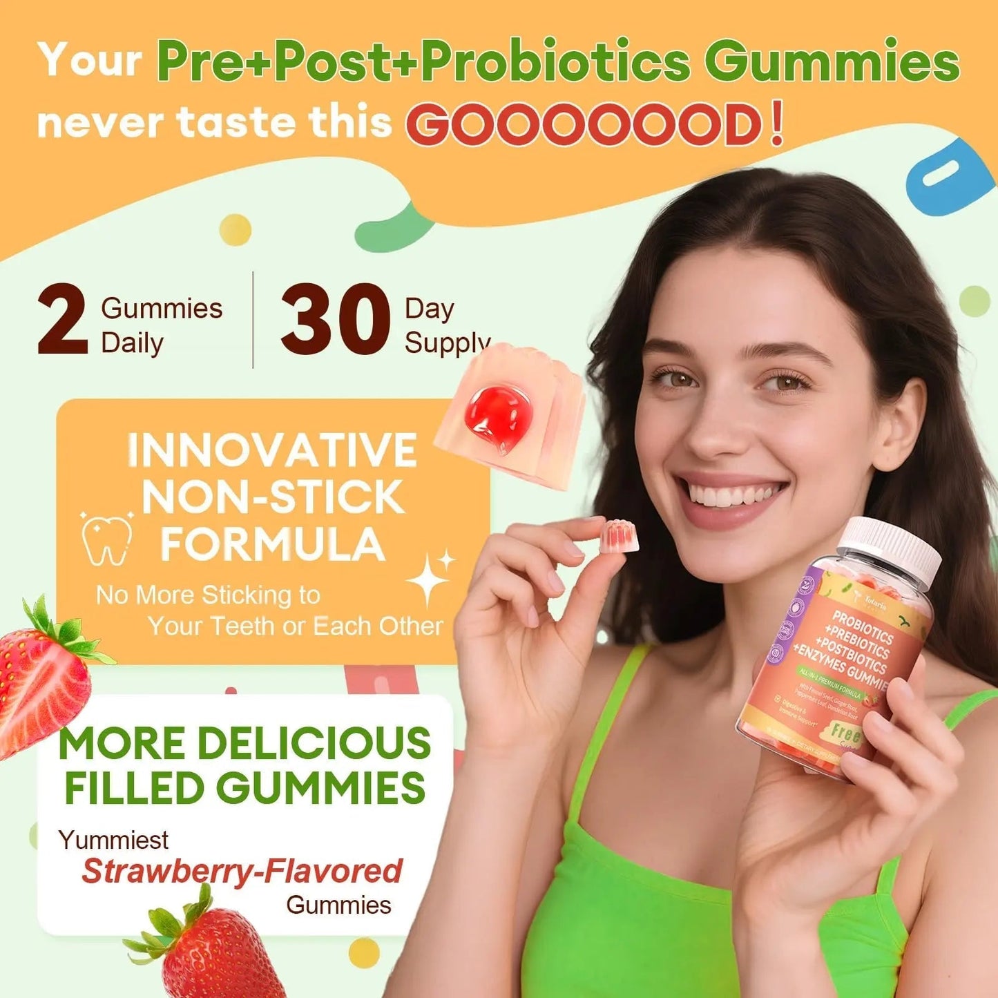 (2 Packs) Totaria Sugar Free 5-in-1 Probiotic Prebiotic Postbiotic Gummy, Probiotics for Women Men with Digestive Enzymes, Peppermint, Complete Immune, Gut & Digestive Support, Vegan Strawberry Flavor - Maple Wellness Supplements