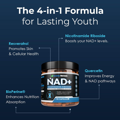 2010 MG NAD+ Supplement- Nicotinamide Riboside, Resveratrol, Quercetin & BioPerine® (High Absorption)- Natural NAD Booster for Anti-Aging, Cellular Energy, Skin- For Women & Men- 90 V Capsules - Maple Wellness Supplements