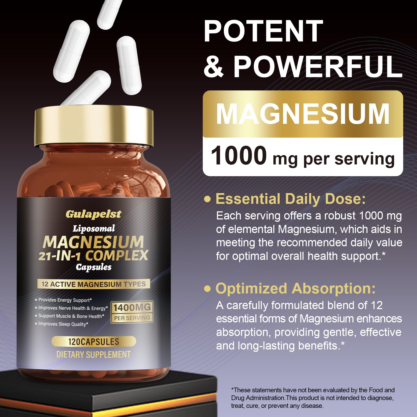 21 in 1 Liposomal 1400mg Magnesium Complex (Citrate, Glycinate, Malate etc) Capsule - 12 Active Types Magnesium with Vitamin D3, B6, B12, C, Ashwagandha & CoQ10 for Women & Men - Maple Wellness Supplements