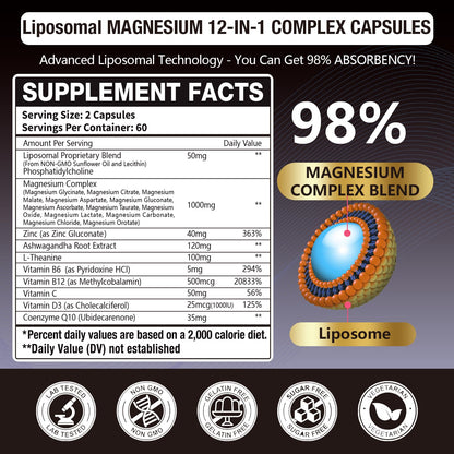 21 in 1 Liposomal 1400mg Magnesium Complex (Citrate, Glycinate, Malate etc) Capsule - 12 Active Types Magnesium with Vitamin D3, B6, B12, C, Ashwagandha & CoQ10 for Women & Men - Maple Wellness Supplements