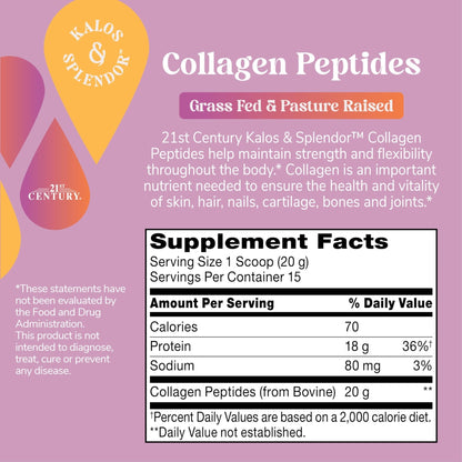 21st Century Kalos & Splendor Collagen Peptides Powder, Grass Fed & Pasture Raised Type I & III Bovine Collagen, 20g Collagen Peptides + 18g Protein Per Scoop, Unflavored, 10.6 OZ - Maple Wellness Supplements