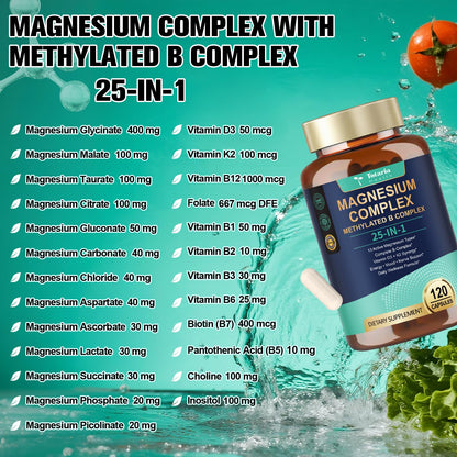 25-in-1 Magnesium Complex with Methylated B Complex Magnesium Glycinate Citrate Malate Taurate Gluconate Aspartate Carbonate D3 K2, Magnesium Supplement - Maple Wellness Supplements