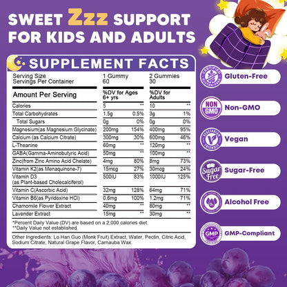 (2Pack) Sugar Free Magnesium Glycinate Gummies for Kids & Adults - Zzz Support, Relaxation & Cognition Support, 200/400mg Magnesium Gummies with L-Theanine, - Maple Wellness Supplements