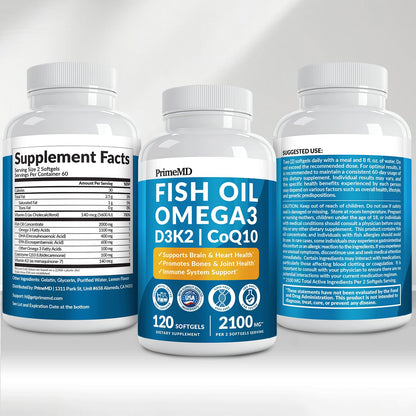 4-in-1 Fish Oil Omega 3 Fatty Supplements (2100mg) - Omega 3 Fish Oil with Vitamins D3 K2 and CoQ10 - Lemon Flavored (120 softgels) - Maple Wellness Supplements