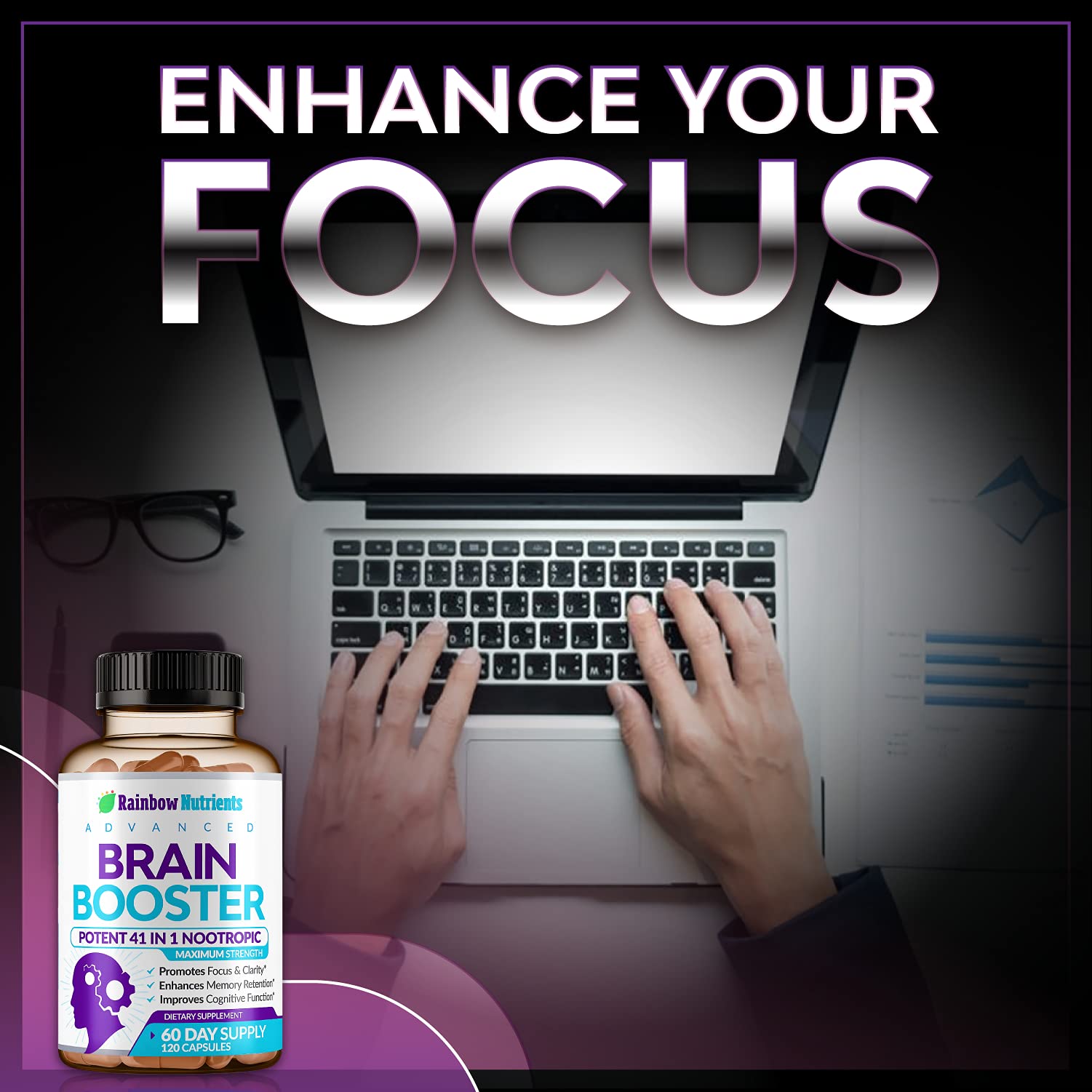 40-in-1 Brain Booster Supplements for Memory, Focus, Clarity, Energy, Performance | Natural Nootropic Brain Support Supplement with DMAE, Bacopa Monnieri & More | For Men & Women | 120 V Capsules - Maple Wellness Supplements