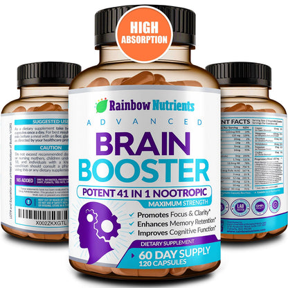 40-in-1 Brain Booster Supplements for Memory, Focus, Clarity, Energy, Performance | Natural Nootropic Brain Support Supplement with DMAE, Bacopa Monnieri & More | For Men & Women | 120 V Capsules - Maple Wellness Supplements