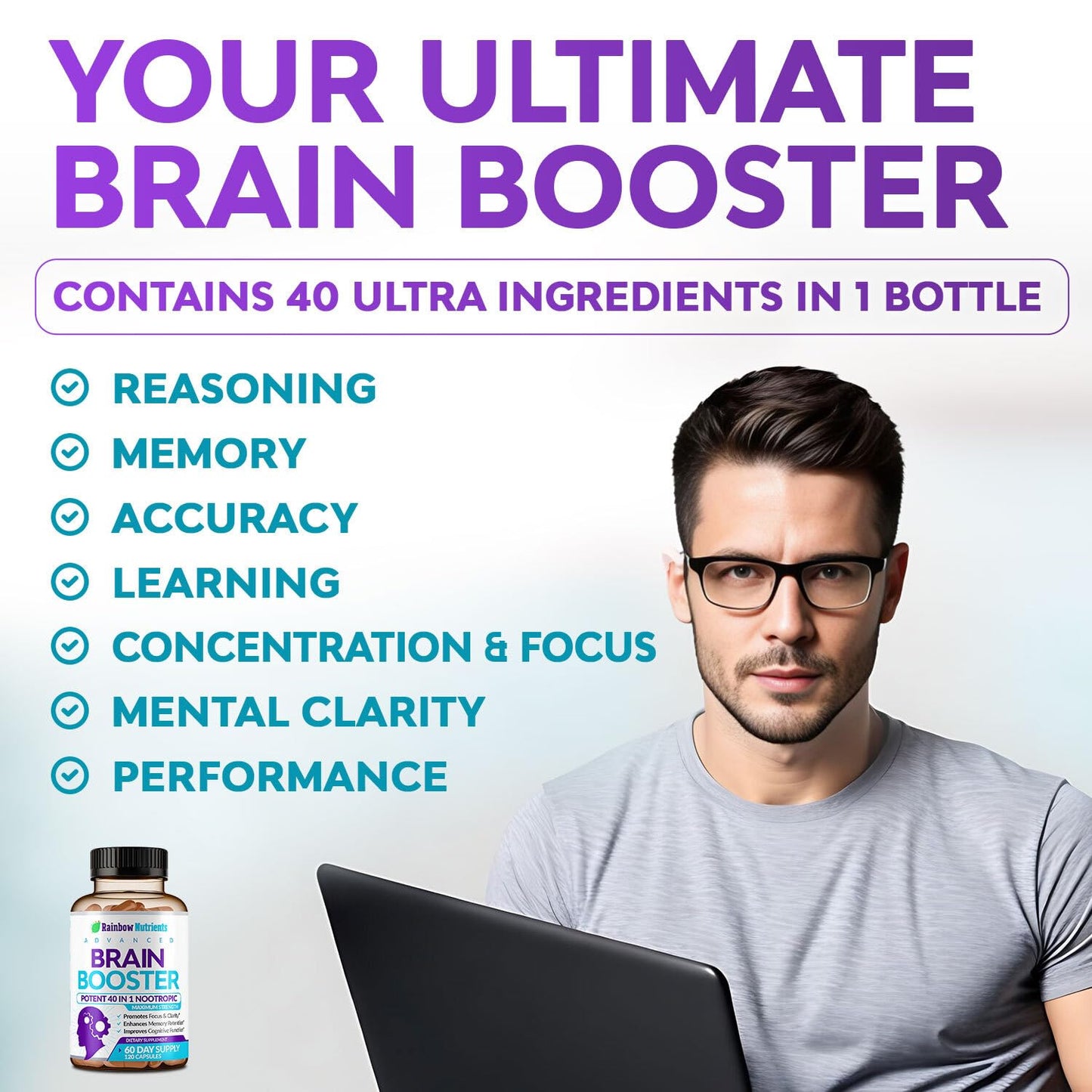 40-in-1 Brain Booster Supplements for Memory, Focus, Clarity, Energy, Performance | Natural Nootropic Brain Support Supplement with DMAE, Bacopa Monnieri & More | For Men & Women | 120 V Capsules - Maple Wellness Supplements