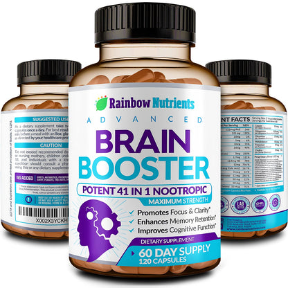 40-in-1 Brain Booster Supplements for Memory, Focus, Clarity, Energy, Performance | Natural Nootropic Brain Support Supplement with DMAE, Bacopa Monnieri & More | For Men & Women | 120 V Capsules - Maple Wellness Supplements