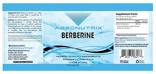 Absonutrix Berberine Supplement 600 mg, 4 Fl Oz Large Bottle, Healthy Weight Loss Support AbsonutrixBuy Supplements Australia