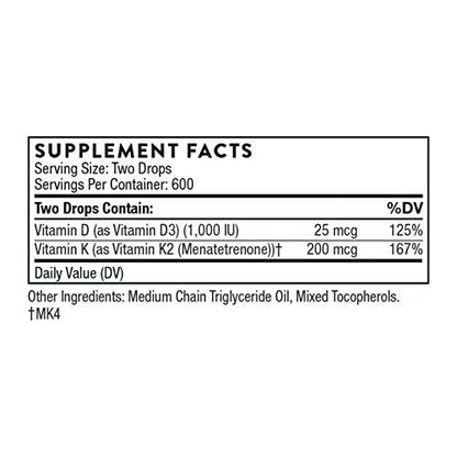THORNE Vitamin D + K2 Liquid with a metered Dispenser - Vitamins D3 and K2 to Support THORNEBuy Supplements Australia
