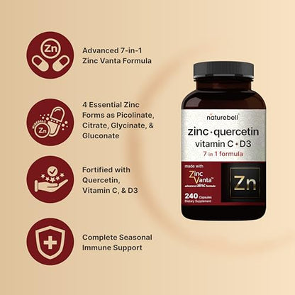 NatureBell Zinc Quercetin with Vitamin C & D3, 240 Capsules | Quercetin 1,000mg, 4 in 1 Zinc 50mg, Vitamin C 250mg, Vitamin D3 5,000 IU – ZincVanta Advanced Immune Defense & Lung Support NatureBellBuy Supplements Australia