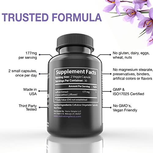 Nutra Simple Saffron Supplements 177mg, Pure Saffron Extract, Made in USA, Natural Nutra SimpleBuy Supplements Australia