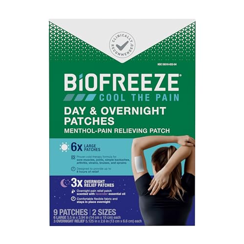 Biofreeze Day & Overnight Pain Relief Patches, Menthol Pain Patches for Arthritis & Muscle Pain Relief, Comfortable & Flexible Fabric Stays in Place, 9 Patches (6 Day, 3 Night) BiofreezeBuy Supplements Australia